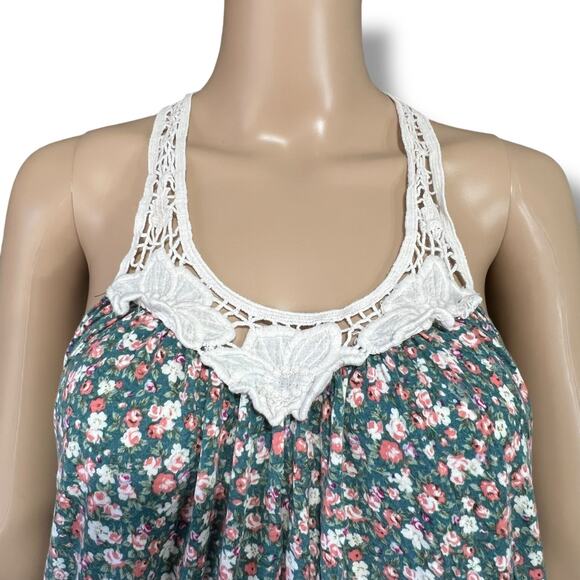 Forever 21 Womens Tank Top Crochet Scoop Neck Floral Print Green Pink Large - Picture 2 of 8